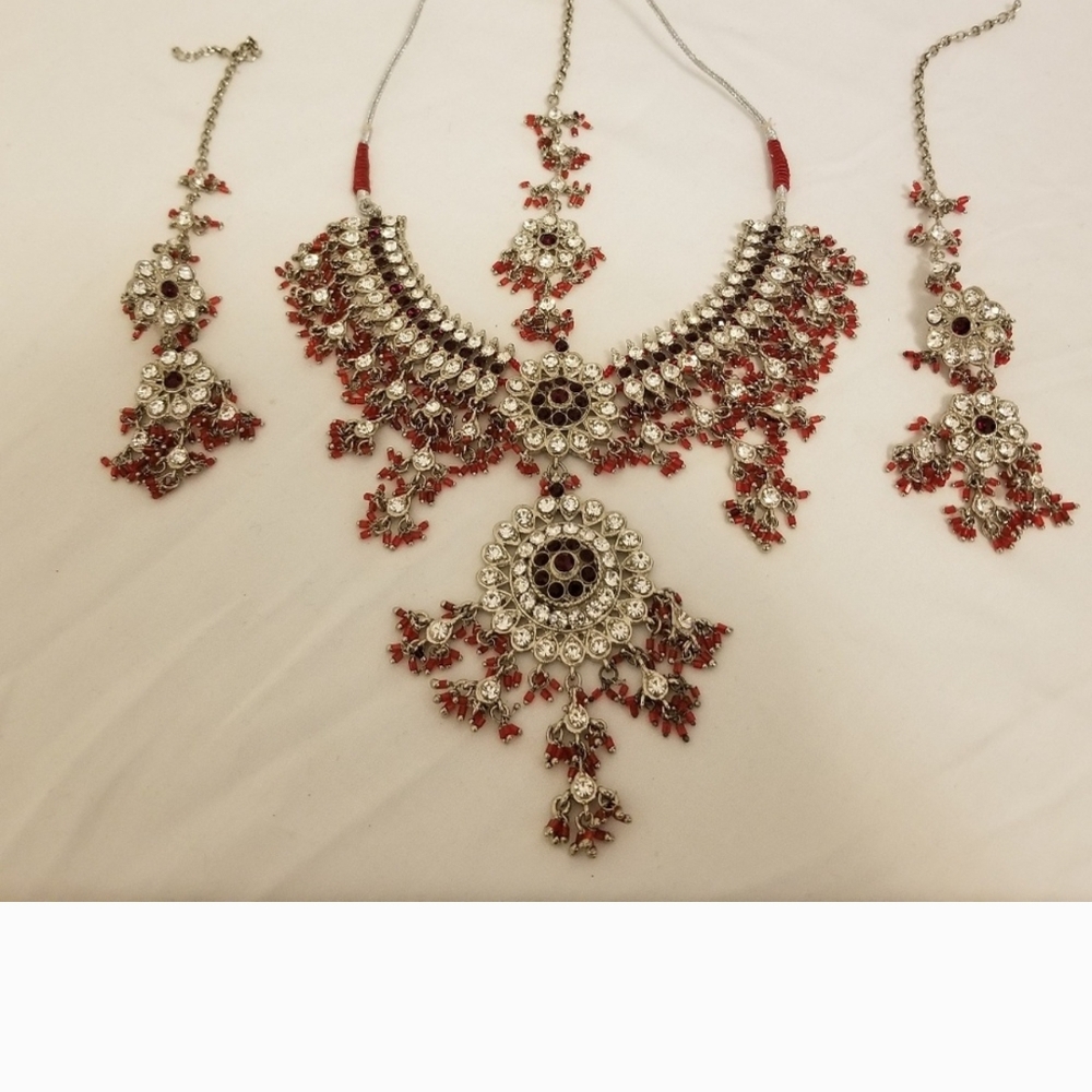 Elegant Silver and Red Indian Necklace Set